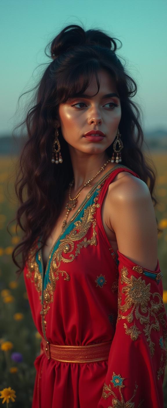 stylized by Tony Scott and Fatih Akin , photograph, elegant, full shot of an in a very Feigned Red Marshallese Silk and Turquoise Embroidery Toga