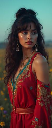 stylized by Tony Scott and Fatih Akin , photograph, elegant, full shot of an in a very Feigned Red Marshallese Silk and Turquoise Embroidery Toga