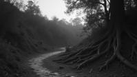 by Fay Godwin and Ruth Orkin , photograph, lush roots and Gravity well in background, best quality