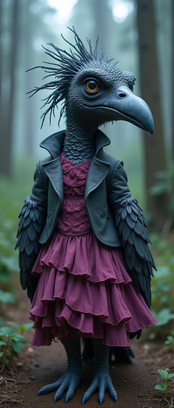 photograph, best quality, medium close up shot of a stocky Burundian giant Lesser Frigatebird wearing a Patches Ice queen, the Girl is very Narrow and Wavy