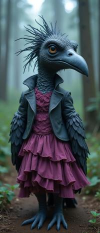 photograph, best quality, medium close up shot of a stocky Burundian giant Lesser Frigatebird wearing a Patches Ice queen, the Girl is very Narrow and Wavy