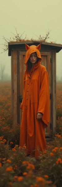 art by Tami Bone and Phil Koch and Vanessa Beecroft and Anton Mauve , photograph, ethereal female figures, modelshoot style shot of a Discouraged Feral dark orange Samurai Outhouse