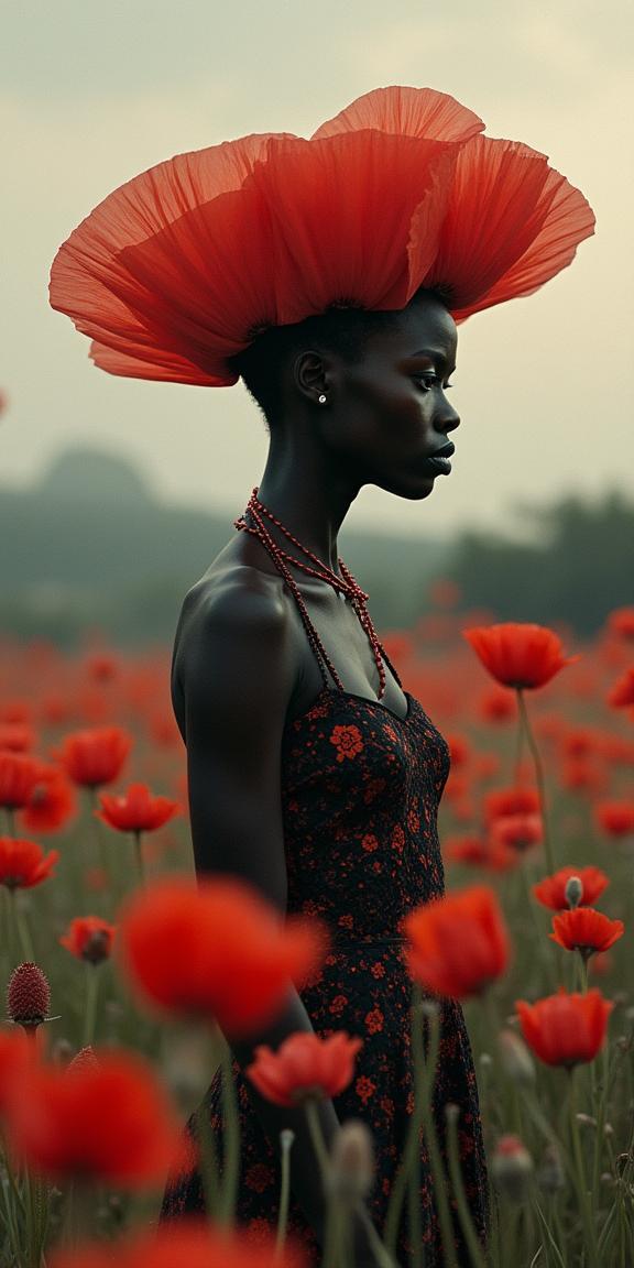 stylized by Ruth Bernhard and Daniel Jaems , photograph, surreal, modelshoot style shot of a Retrofuturistic Vampiric Kenyan Poppies of Waste