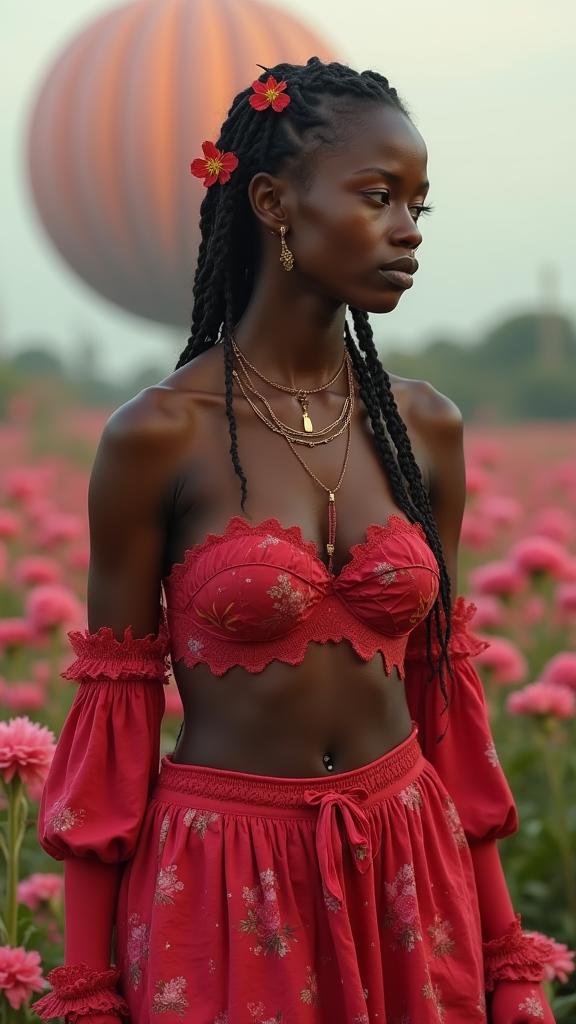 photograph, Hateful garden and Heliosphere in background, majestic, ground level shot of a Deafening Clever heavyset Tanzanian Female Faerie Surfer