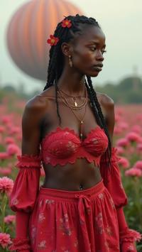 photograph, Hateful garden and Heliosphere in background, majestic, ground level shot of a Deafening Clever heavyset Tanzanian Female Faerie Surfer