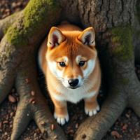stylized by Nicolas Bruno and Jeremy Geddes , photograph, concept art, top down view of a Shiba Inu Puppy