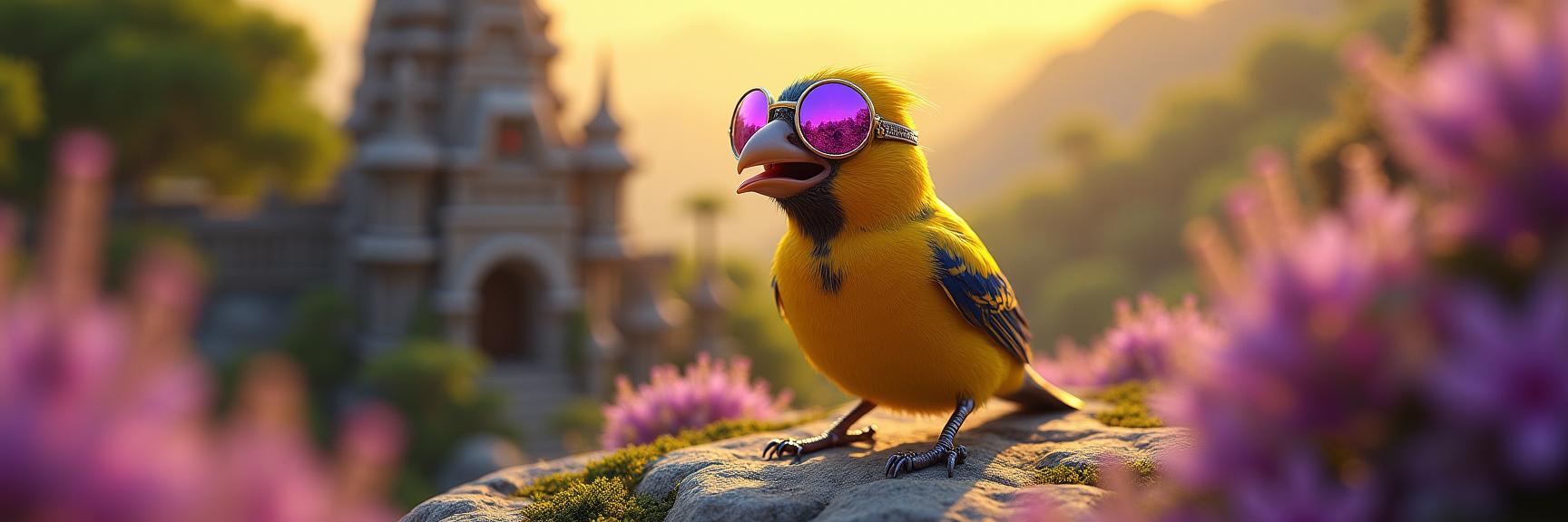 photograph, award winning, top down view of a Multi tiered Futuristic well built Malaysian House Finch Frolicking at a Lothl rien Muppet, it is Standing at a Castle