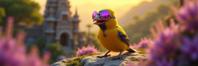 photograph, award winning, top down view of a Multi tiered Futuristic well built Malaysian House Finch Frolicking at a Lothl rien Muppet, it is Standing at a Castle
