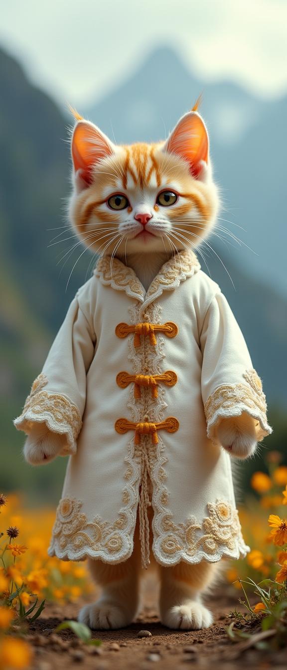 stylized by Dennis Stock and Pierre Pellegrini , photograph, award winning, wide angle of an in a very Paranoid White and Peach traditional Thai Lace Toggle coat