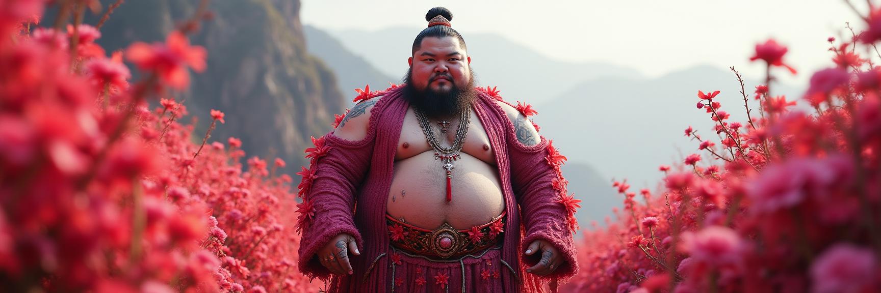 stylized by Peter Kemp , photograph, fluorescent pink theme , shoulder level shot of a Pictorial Welcoming fat Tang Dynasty Guy
