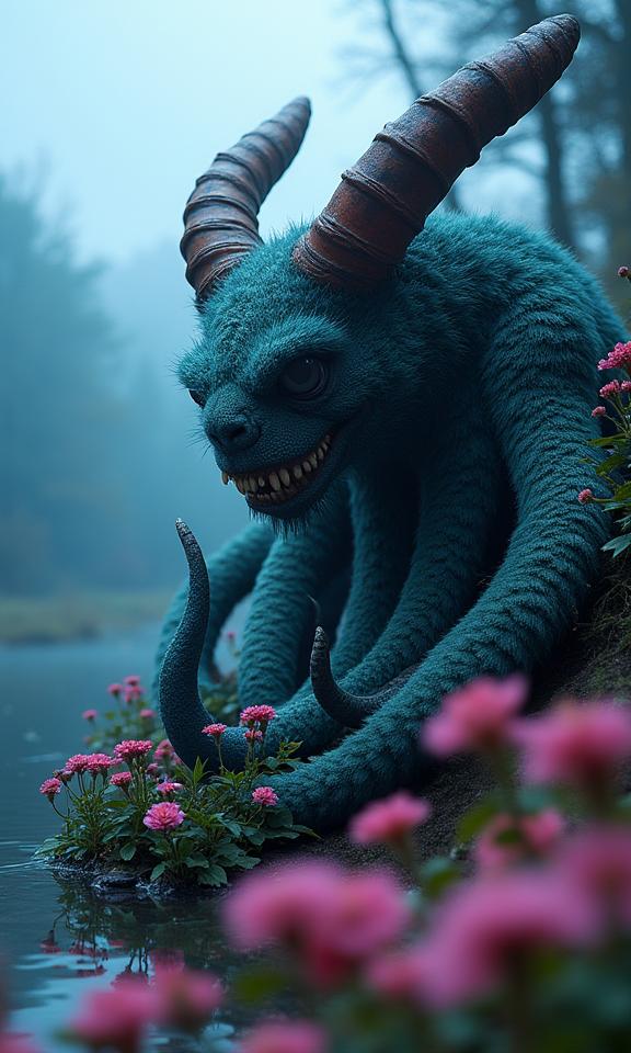 photograph, hyper detailed, professionally shot of a Inventive Fluffy Kraken , near Horned blossoms