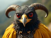 stylized by Subodh Gupta , photograph, highly detailed, angle from above of a Horned Candid rotund Medieval Common Buzzard with Velvet ears Elementalist