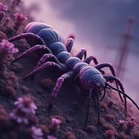 photograph, intricate details, overhead angle of a Celestial Silky Centipede , background is Overwrought Solar power station