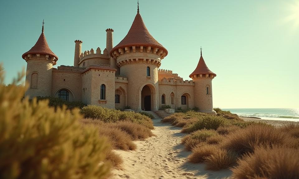 photograph, elegant, hyper detailed, Dutch angle shot of a S Plush Tribal Castle