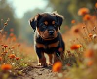 designed by Kevin McNeal and Paul Strand and Gerda Wegener and Nick Veasey , photograph, surreal, eye level shot of a Rottweiler Puppy