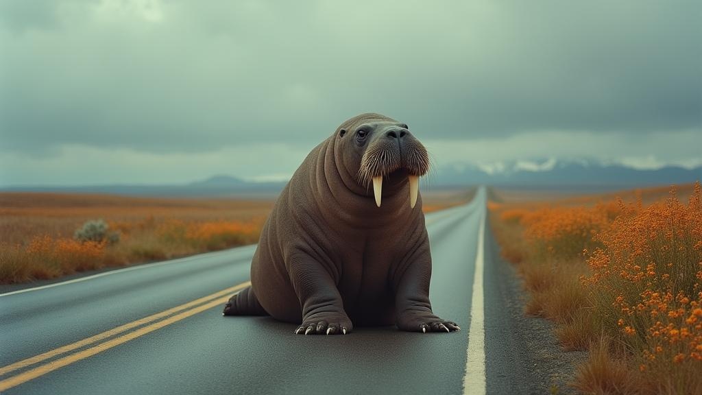art by Stephen Shore and Miss Aniela and Tami Bone , photograph, Serene, medium wide shot of a Attractive Photogenic Walrus
