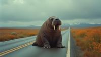 art by Stephen Shore and Miss Aniela and Tami Bone , photograph, Serene, medium wide shot of a Attractive Photogenic Walrus