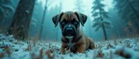 photograph, masterpiece, zoomed out of a Cutester Art Worn Out Cobalt Blue and Mint Boxer Puppy , from inside of a Flared Oil platform