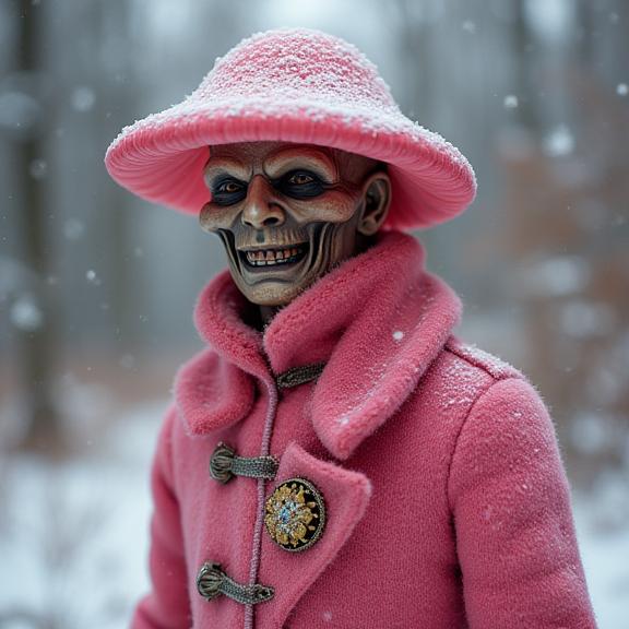 photograph, works with unconventional materials, extreme wide shot of a Fiery Mushroomy small Qing Dynasty Male Mummy of the Woods , he is wearing barbie doll anaglyph effect garb tailored by Peter Dundas