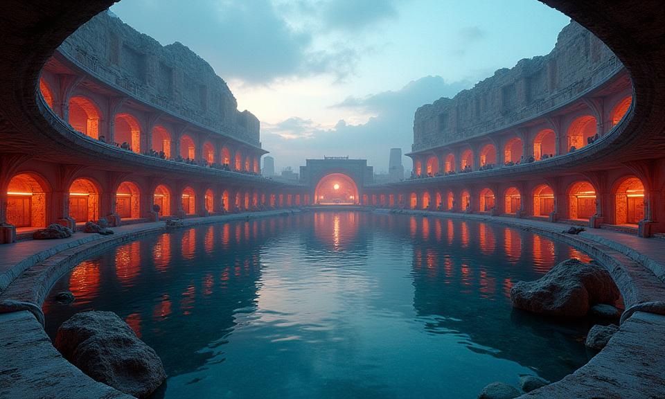 photograph, concept art, behance, landscape of a Captivating Engrossing Subspace Data Center from inside of a Colosseum
