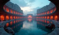 photograph, concept art, behance, landscape of a Captivating Engrossing Subspace Data Center from inside of a Colosseum