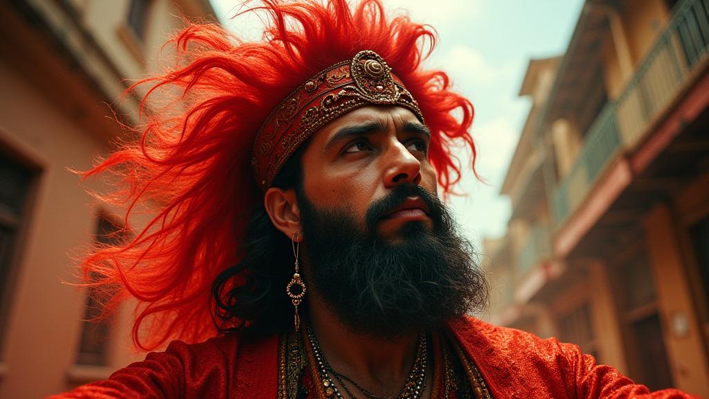 photograph, dramatic, selfie shot angle of a burly traditional Gypsy Male Djinn , the Djinn is very Explosive and Awe Inspiring