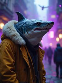 photograph, insane details, over the shoulder shot of an in a very Misshapen Mustard Macanese Gator skin Fur trimmed coat, obese Reiwa Era Great White Shark
