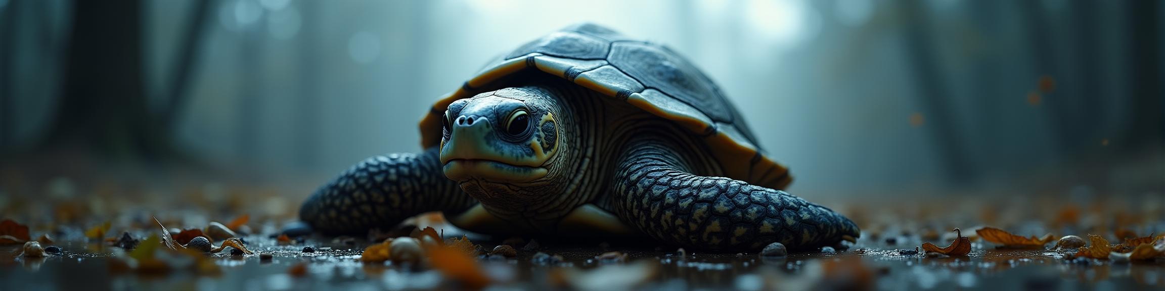 photograph, Energetic, medium close up shot of a Fatigued Pure Leatherback Turtle , winter background
