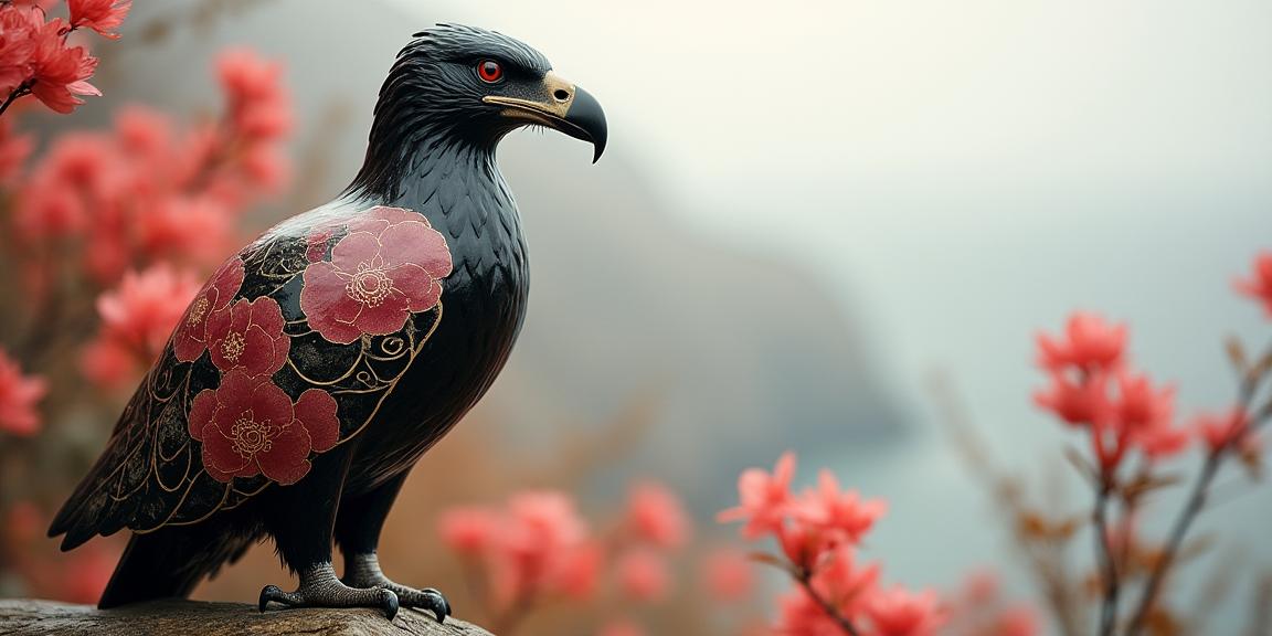 photograph, fairy tale, soft focus of a Ceramic Kintsugi Black and Pink Wedge Tailed Eagle with deep red patterns, Bamboo background