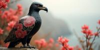 photograph, fairy tale, soft focus of a Ceramic Kintsugi Black and Pink Wedge Tailed Eagle with deep red patterns, Bamboo background