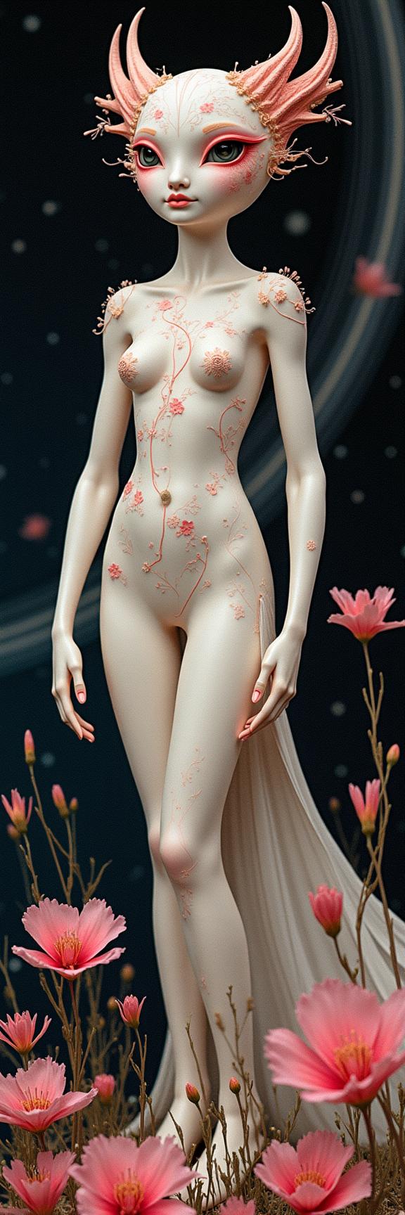 designed by Anne Brigman and Warren Ellis and Karl Schmidt Rottluff and Verner Panton , photograph, intricate details, extreme close up shot of a Flowery Photogenic White and Rose Pink Turkish Gemini constellation