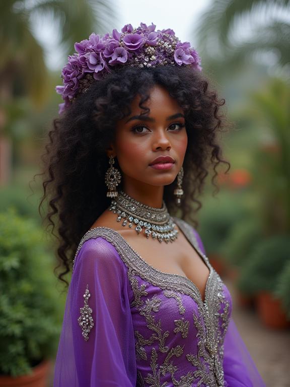 photograph, bit, full body shot of a Curly Jazz Age Purple and Silver traditional Mughal Space time continuum , it has glamourous details