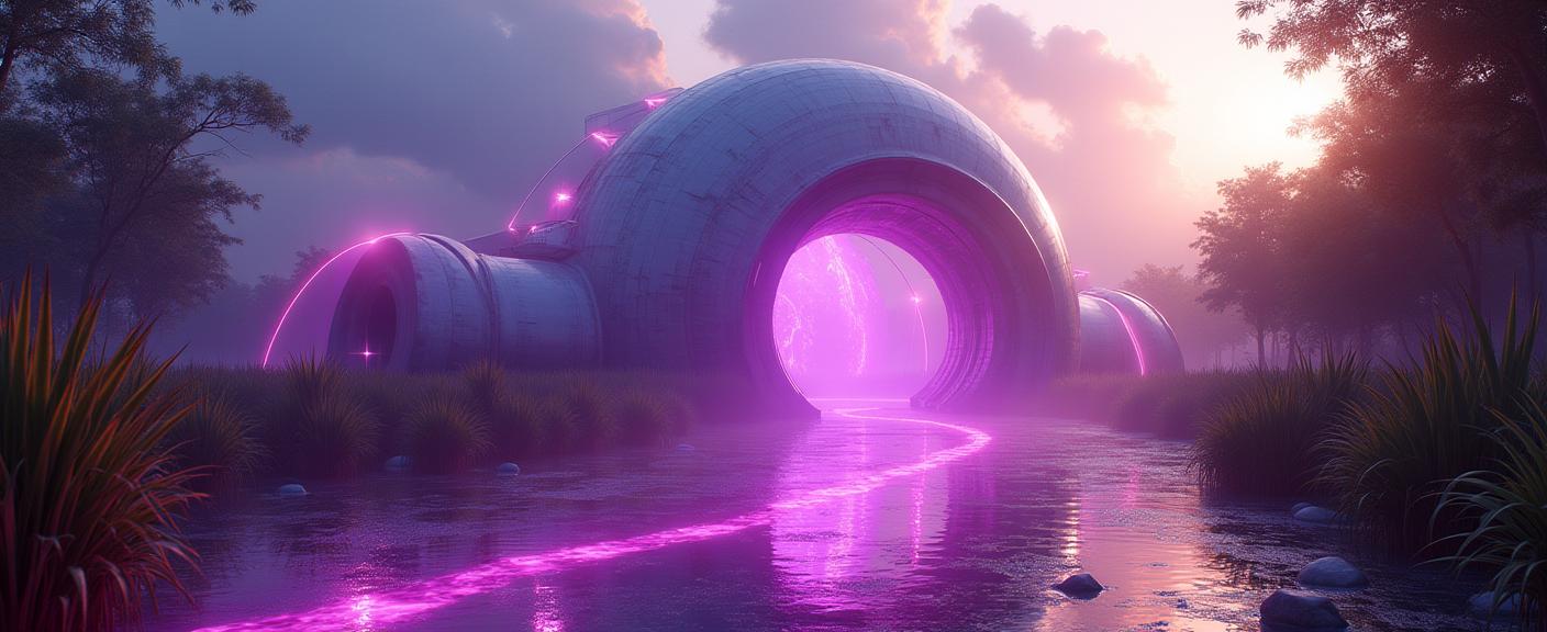 art by Florianne Becker and Louis Majorelle , photograph, Neon theme , Street level shot of a Dire Encapsulated Colombian Space time curvature
