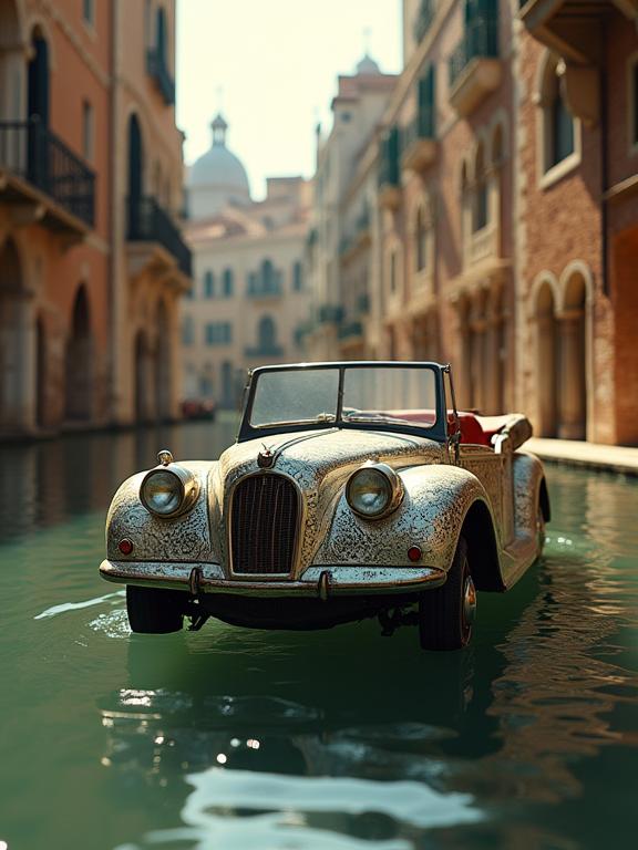 photograph, hyper detailed, long shot of a Venetian Honda , the Honda is very Qajar Art and Flat