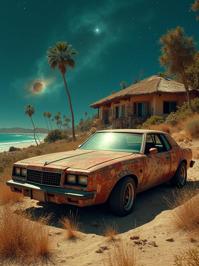 stylized by Park Chan Wook and Harry Bertoia and Mike Mignola and Sabbas Apterus , photograph, pretty, side view shot of a Worried Skilled Rust Egyptian Car