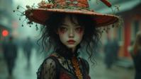 art by Junji Ito and Dario Argento and H P Lovecraft and Anton Semenov , photograph, insane details, long shot of a Foggy Lace stout Hmong Female Gorn of Pleasure