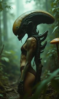 designed by H P Lovecraft and Chris Cunningham , photograph, majestic, eye level shot of a thin Ragtime Female Xenomorph