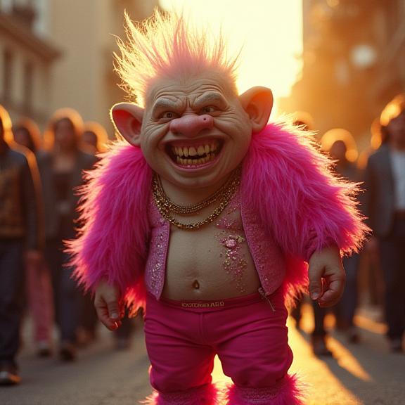 photograph, highly detailed, Street level shot of a Unpredictable Palehearted heavyset Ukrainian Male Troll , he is surrounded by a group of Shabby people wearing Funky Sequin top