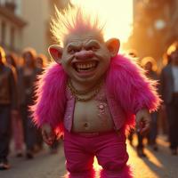photograph, highly detailed, Street level shot of a Unpredictable Palehearted heavyset Ukrainian Male Troll , he is surrounded by a group of Shabby people wearing Funky Sequin top