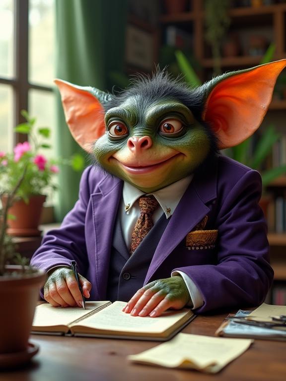 photograph, majestic, POV shot of a Shiny Comfortable morbidly obese Peasant Male Gremlin , the Gremlin is studying in a room