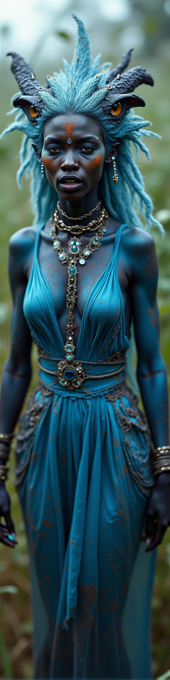 photograph, Tanzanian flora with Shrub, fairy tale, Long exposure of an athletic Malian Female Dragonkin Ice queen