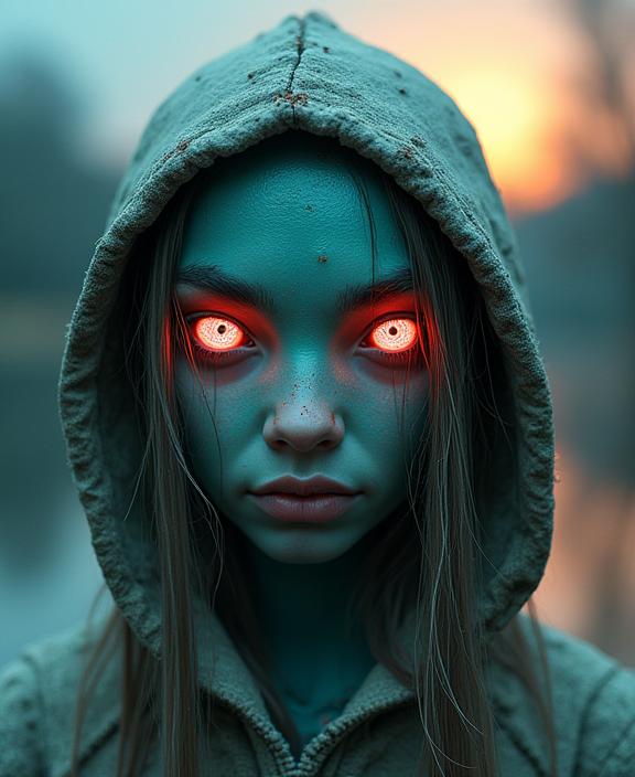 designed by David Cronenberg and Bob Eggleton and Bernie Wrightson , photograph, glazed terracotta sculptures, soft focus of a Quaint Deteriorating beefy Amish Female Cyclops Mystic as a pokemon game character trainer character