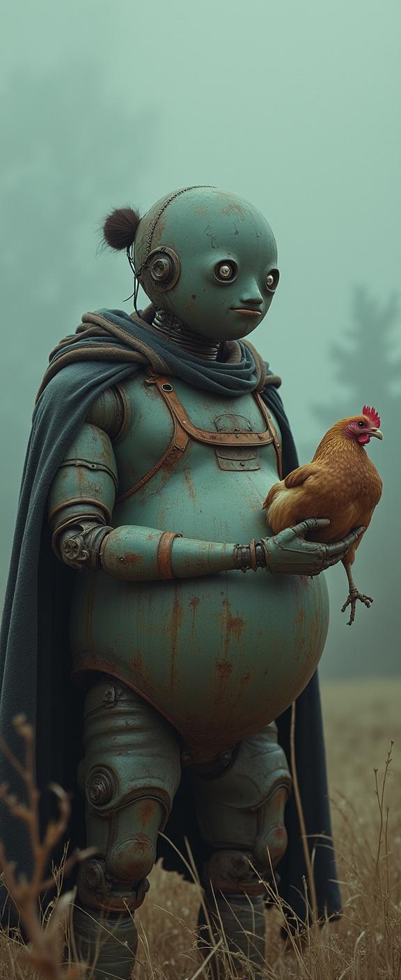 art by Zdzis aw Beksi ski , photograph, elegant, wide angle of a Sci fi S obese South American Male Automaton