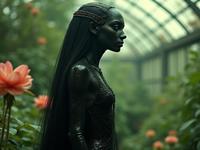 art by Richard Corben and Mario Bava , photograph, Cream outlines, upper body shot of a Tinycore Boundless tall Art Deco Female Falmer Water goddess