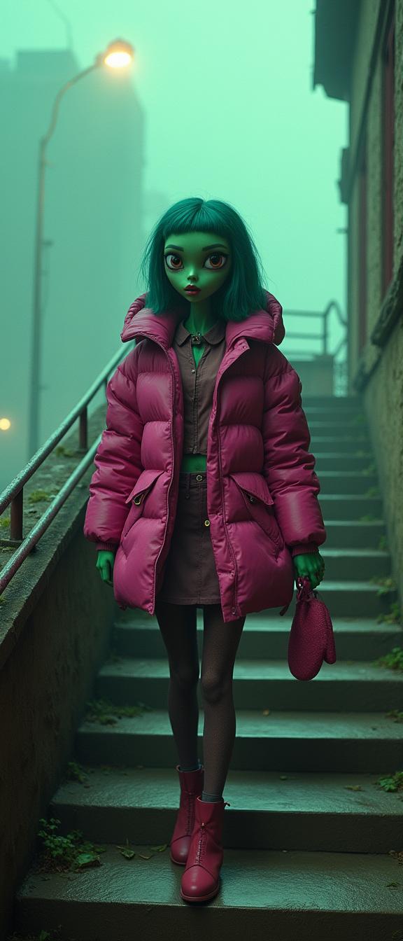 photograph, epic, eye level shot of a Ceramic Intense busty petite Tanzanian Female Martian , the Martian is Walking down a stairs