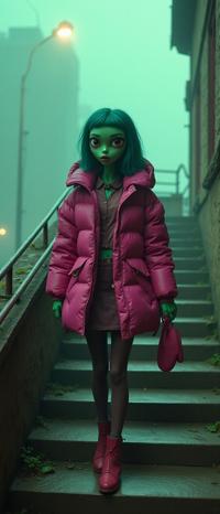 photograph, epic, eye level shot of a Ceramic Intense busty petite Tanzanian Female Martian , the Martian is Walking down a stairs