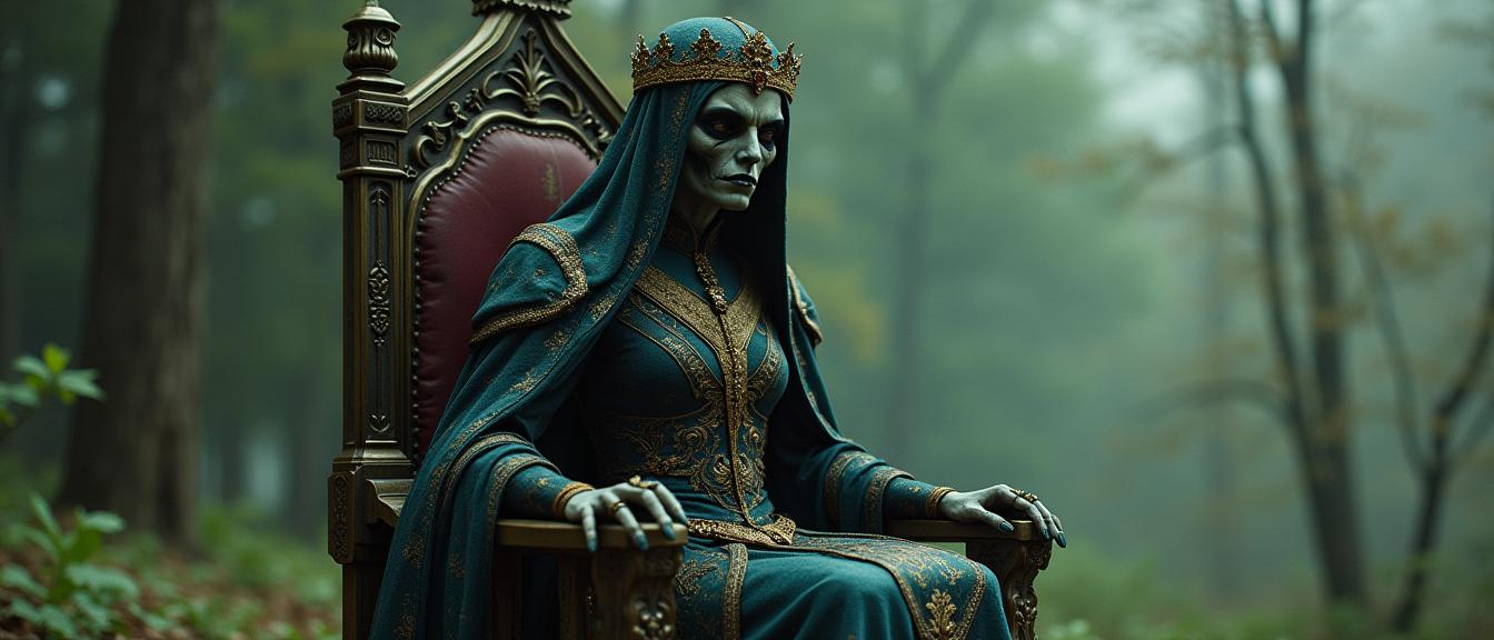 stylized by Chris Cunningham and H P Lovecraft and Andy Fairhurst , photograph, hyper detailed, zoomed out of a Regal Drab petite Macanese Necrophage Female Redguard