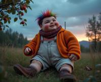 photograph, dark rainbow nature and Draco constellation in background, sharp focus, upper body shot of a morbidly obese Russian Male doll
