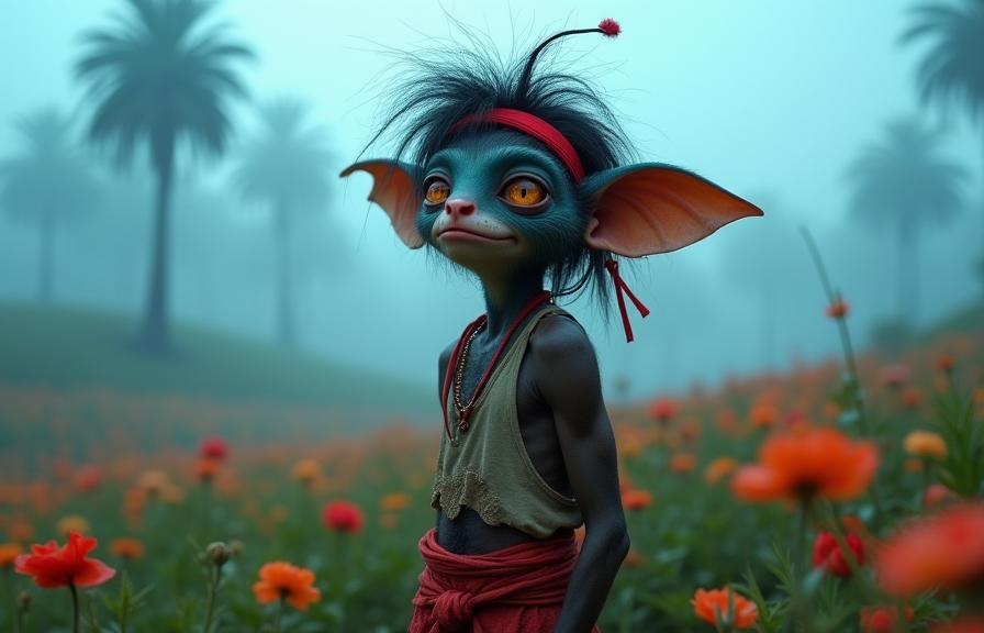 photograph, confident, long shot of year old slight Rasta Male Gremlin , the Gremlin is very Pretty and Nutty