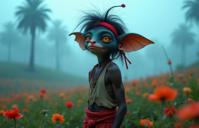 photograph, confident, long shot of year old slight Rasta Male Gremlin , the Gremlin is very Pretty and Nutty